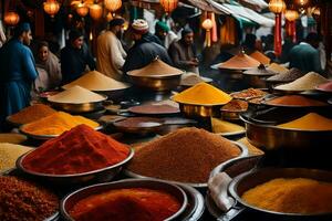 a market with many bowls of spices and food. AI-Generated photo