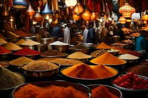 many bowls of spices are on display in a market. AI-Generated photo