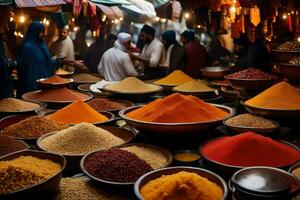 a market with many bowls of spices and other items. AI-Generated photo