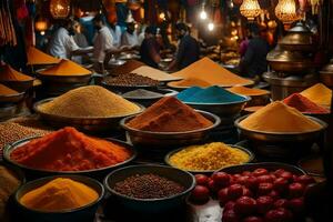 many different types of spices are displayed in bowls. AI-Generated photo