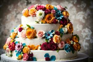 a three tiered cake with colorful flowers on top. AI-Generated photo