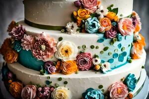 a three tiered cake with colorful flowers on it. AI-Generated photo