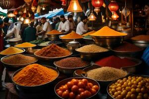 a market with many bowls of spices and food. AI-Generated photo