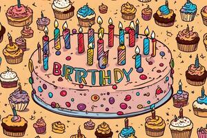 birthday cake with candles and cupcakes on a beige background. AI-Generated photo