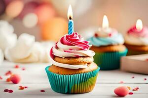 birthday cupcakes with candles. AI-Generated photo