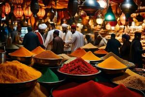 a market with many colorful spices and lamps. AI-Generated photo