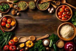 various types of vegetables and fruits in wooden bowls. AI-Generated photo