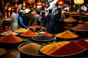 a market with many bowls of spices and other items. AI-Generated photo