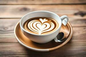 un taza de café con corazón conformado latté Arte en un de madera mesa. generado por ai foto