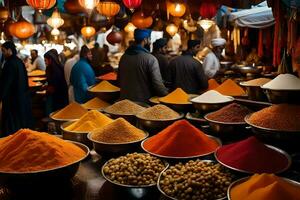 a market with many bowls of spices and other items. AI-Generated photo