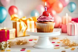 a cupcake with a pink candle on top and presents around it. AI-Generated photo