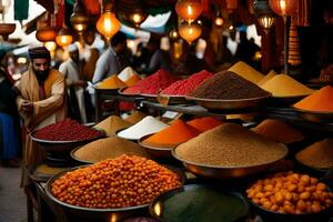 a market with many different types of spices. AI-Generated photo