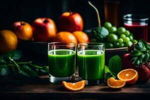 dos lentes de verde jugo con frutas y vegetales. generado por ai foto