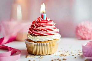 a cupcake with a pink candle on top. AI-Generated photo