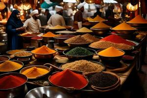 a market with many different types of spices. AI-Generated photo