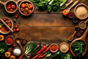 a wooden table with many different types of vegetables. AI-Generated photo