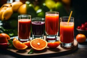 a variety of juices and fruit on a table. AI-Generated photo