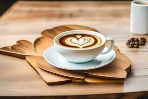 a cup of coffee with heart shaped latte art on a wooden tray. AI-Generated photo