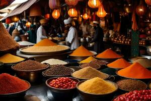 many different types of spices are on display in bowls. AI-Generated photo