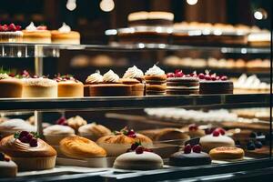 many different types of cakes are on display in a bakery. AI-Generated photo