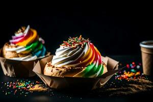 two cupcakes with rainbow sprinkles and a coffee. AI-Generated photo