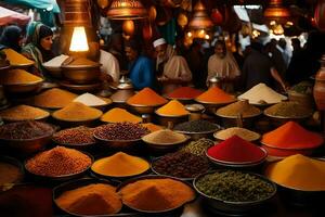 a market with many different types of spices. AI-Generated photo