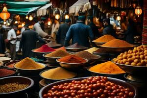 a market with many bowls of spices and other items. AI-Generated photo