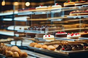 many different types of pastries are on display in a bakery. AI-Generated photo