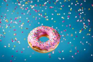 a pink donut with sprinkles on a blue background. AI-Generated photo