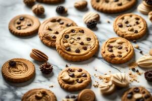 chocolate chip cookies on a marble countertop. AI-Generated photo