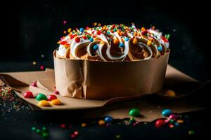 a cake with sprinkles and colorful sprinkles on a black background. AI-Generated photo