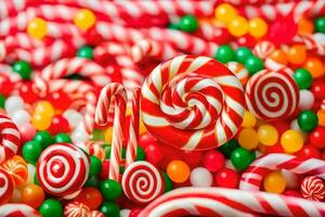 many colorful candy canes and candy lollipops. AI-Generated photo