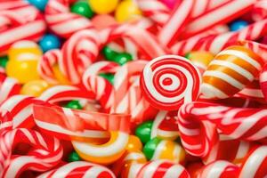 a close up of many colorful candy candies. AI-Generated photo