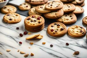 a bunch of cookies with cranberries and nuts on a marble counter. AI-Generated photo