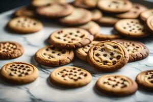 a close up of cookies on a marble surface. AI-Generated photo