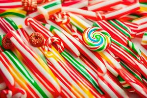 many colorful candy canes are arranged in a pile. AI-Generated photo