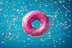 a donut with sprinkles on a blue background. AI-Generated photo