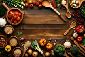 a wooden table with many different types of vegetables and spices. AI-Generated photo