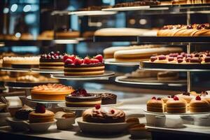 a display of cakes and pastries in a bakery. AI-Generated photo