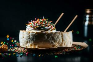 a cake with whipped cream and sprinkles on a black background. AI-Generated photo