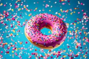 a donut with sprinkles on a blue background. AI-Generated photo