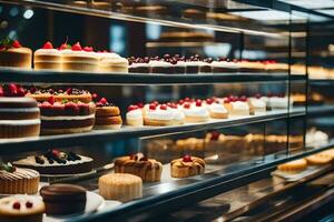 many different types of cakes are on display in a bakery. AI-Generated photo