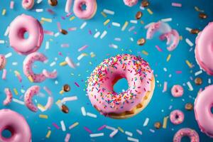 donuts with sprinkles on a blue background. AI-Generated photo