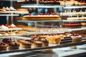 many different types of pastries are on display in a bakery. AI-Generated photo