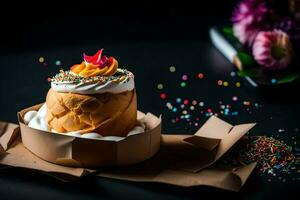 a cupcake with frosting and sprinkles on a black background. AI-Generated photo