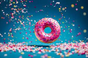 a donut with sprinkles and confetti falling from the sky. AI-Generated photo