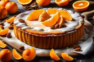 a cake with oranges and nuts on a table. AI-Generated photo