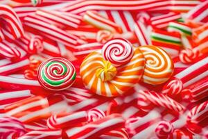 many colorful candy canes are arranged in a pile. AI-Generated photo