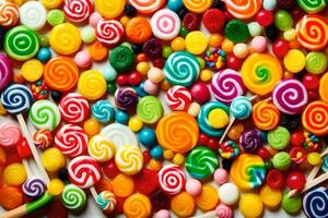 a large pile of colorful candy lollipops. AI-Generated photo