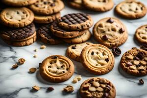 a variety of cookies are arranged on a marble surface. AI-Generated photo